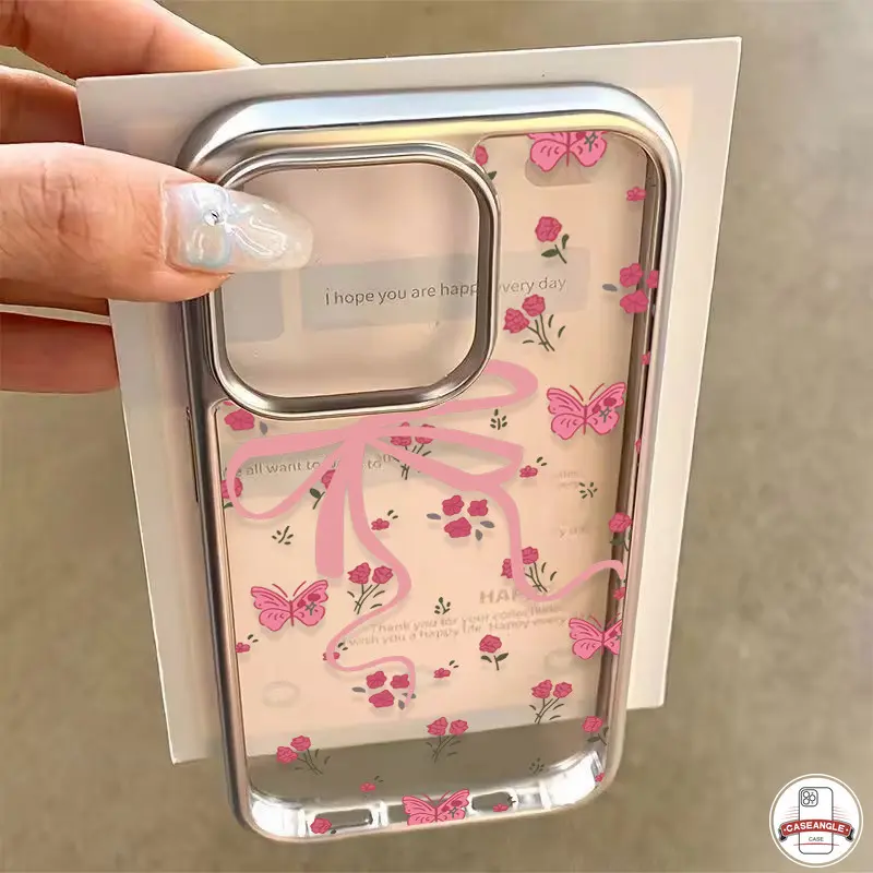 Ốp Lưng Ruy Băng Nơ Dễ Thương Hoa Màu Hồng Lãng Mạn Tương Thích Cho IPhone 15 16 13 12 14 11 Pro Max 7Plus X XR 16 15 7 8 Plus Xs Max SE 2020 Ốp Tpu Khung Mạ Điện Sang Trọng