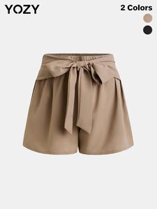 YOZY Solid Belted Elastic Waist Wide Leg Shorts, Casual Comfy Shorts, 2024 Women's Summer Outfits for Daily Wear