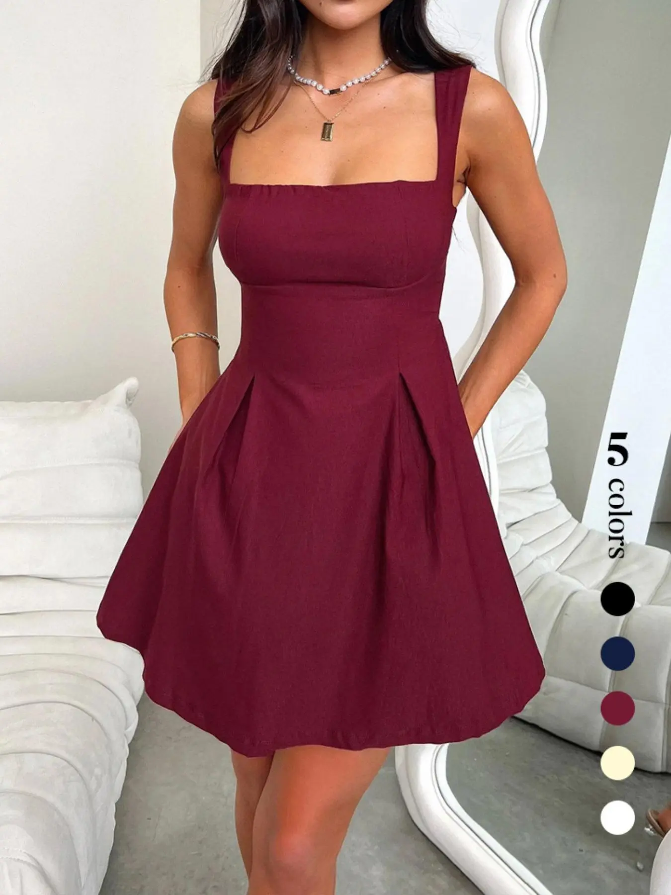 Women's Plain Bow Back Cut Out Dress, Elegant Fashion Square Neck Sleeveless Short Dress for Party Club Dating Wear, Women Dress for Summer