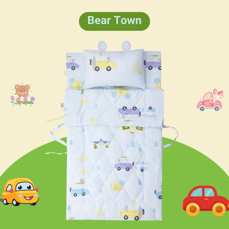 Bộ 5 món tiện lợi NIN House cho bé đi học mầm non, tiểu học chất liệu Tencel màu Bear Town họa tiết ô tô con gấu dễ thương 0