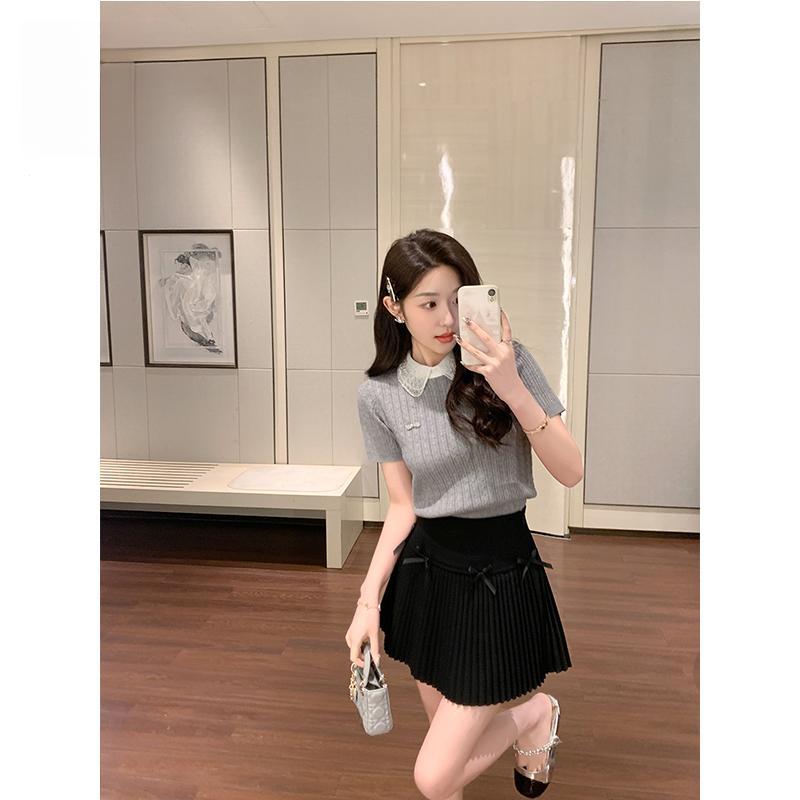 Áo Len Dệt Kim ngắn Tay Áo, Phong Cách Hàn Quốc, Thiết Kế Chắp Vá Mùa Hè, Dành Cho Nữ, Dáng Ôm, Mỏng, Áo Len Dệt Kim Women Voi Top Khuy 7