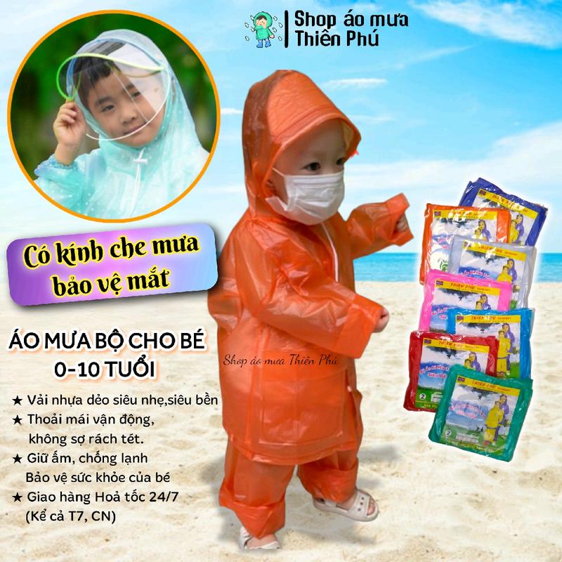 Áo mưa bộ Trẻ em cho bé Gái Trai 0-10 tuổi có kính chống nước mưa, Thiên Phú Raincoat , Có thể tái sử dụng