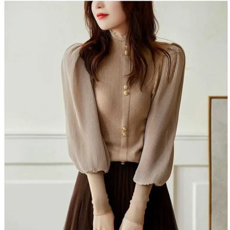 FLIDA FASHION - E01 blouse atasan rajut wanita turtleneck lengan balon panjang 4