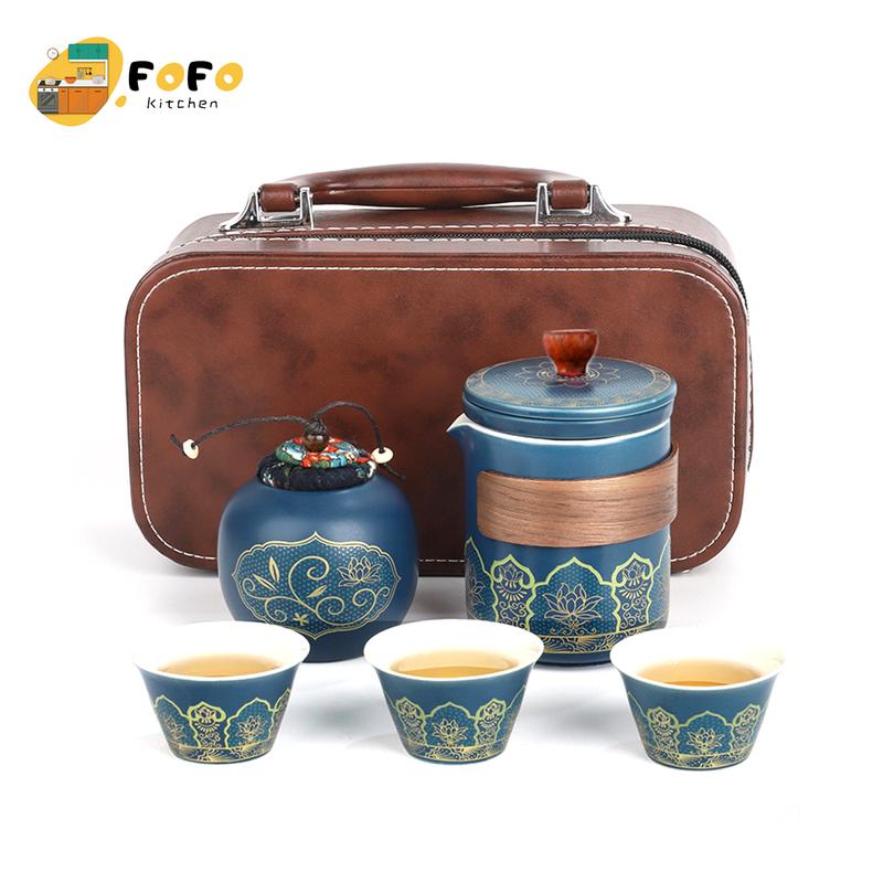 Bộ ấm trà gốm sứ du lịch Bộ ấm chén uống trà Kèm túi xách và hũ đựng trà Bộ bình pha trà cao cấp Đi du lịch Dã ngoại Dùng làm quà biếu tặng Teapot set