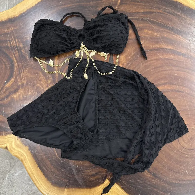 Đồ bơi bikini set 3 món phối phụ kiện Chiếc Lá áo cúp ngực kèm khăn quấn sexy Lanbi 6