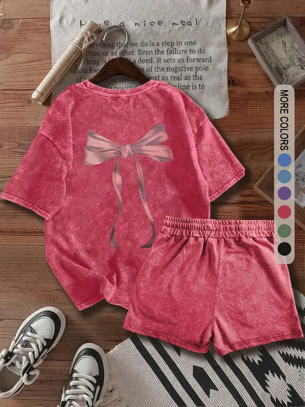 Two-Piece Set Women's Bow Print Tee & Shorts, Casual Short Sleeve T-shirt & Skinny Shorts, Ladies Summer Clothes for Daily Wear 2