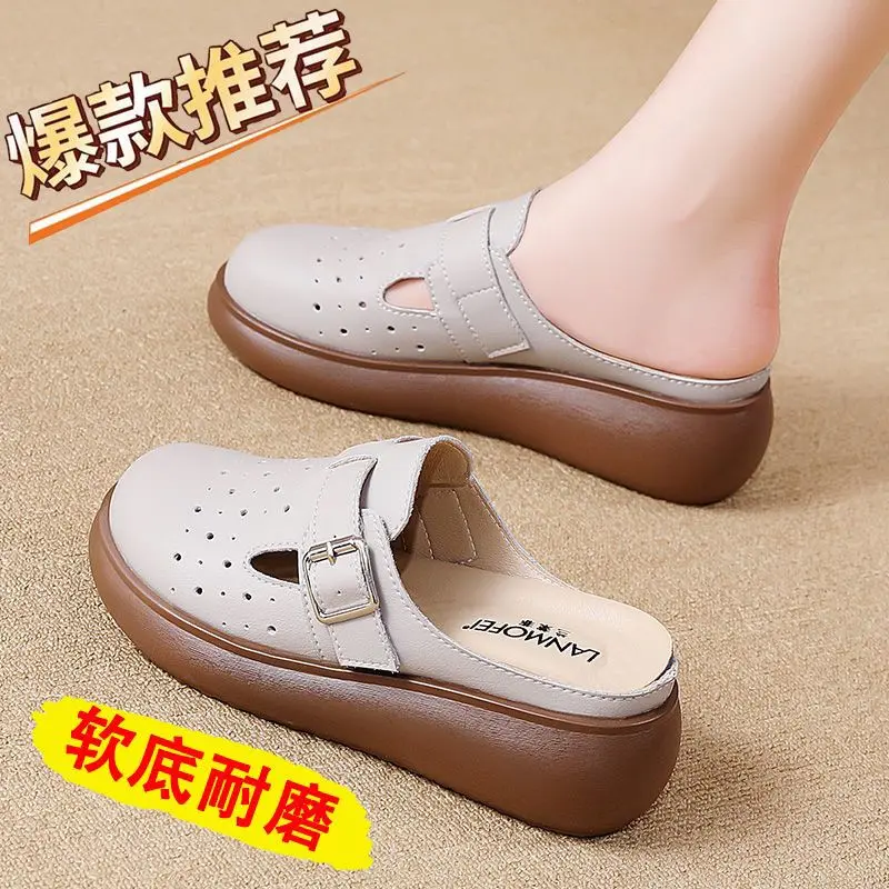 Closed-Toe Slippers Outdoor Wear 2024 Thick-Soled Leather New Summer Soft Bottom Lightweight Popular Mom Women's Fashion