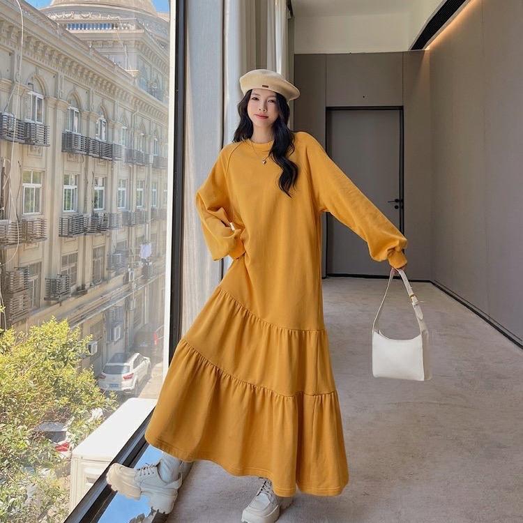 DT08 Váy suông nỉ rộng dáng xoè cổ tròn màu vàng Nữ Voan Women Dress Voi Kim Tuyến