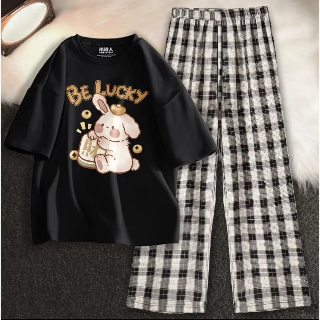 [FREESHIP] Sét Áo phông Be Lucky+quần karo, Áo thun from rộng, mặc cho Nam và nữ chất đẹp, Sét bộ mặc ở nhà  -Ellen.store