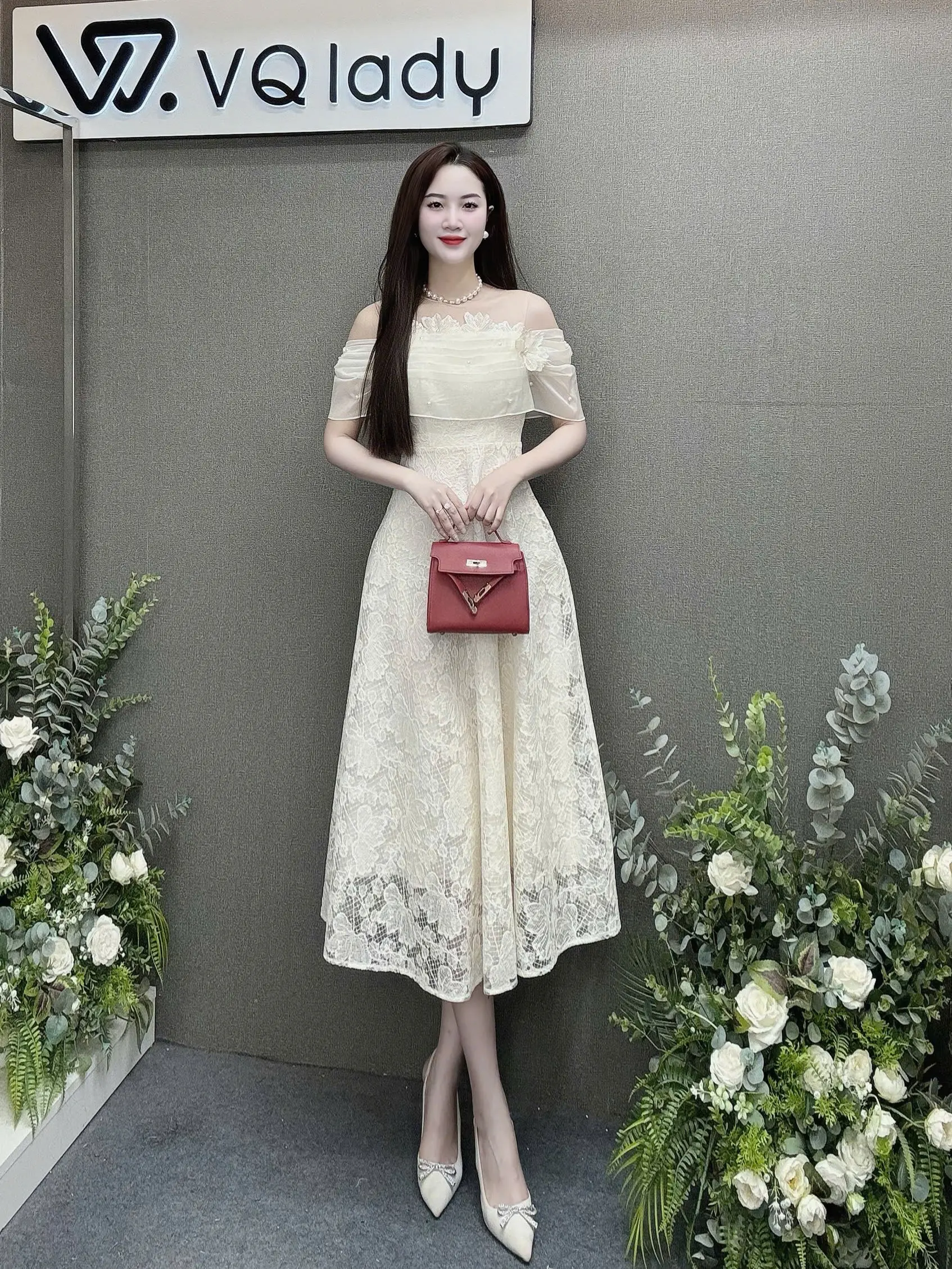 Đầm ren D119 thiết kế VQLady phối tơ đính ngọc cao cấp sang chảnh đi tiệc, đi chơi.