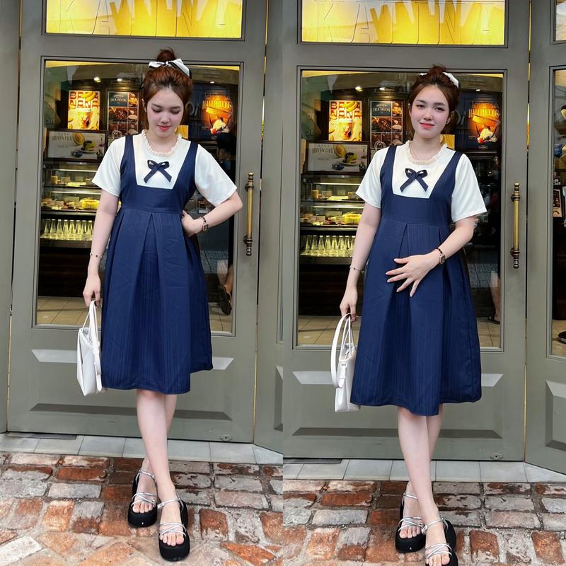 MUMMUM/ Đầm bầu yếm liền phối nơ dễ thương xinh xắn, bầu diện đi làm đi chơi đều xinh nhẹ nhàng .