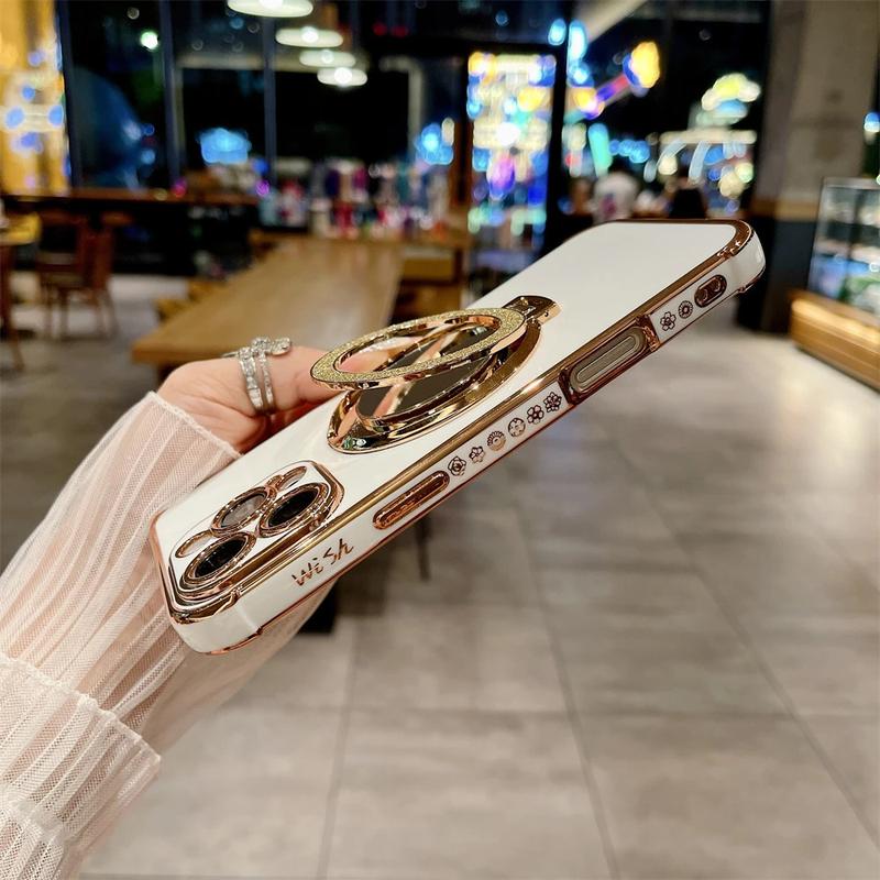 Product Introduction of Luxury Plating Cute Flowers Phone Case For iPhone 11 12 13 14 15 16 Pro Max Glitter Stand Soft Bumper Protector On 14 Pro Cover Protection Protective Casing Shockproof 11