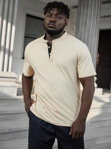 Men's Plus Size Solid Half Button Mock Neck Polo Shirt, Summer Clothes, Regular Fit Short Sleeve Button Front Top for Daily Outdoor Wear, Fashion Casual Men Plus Size Clothing for Summer