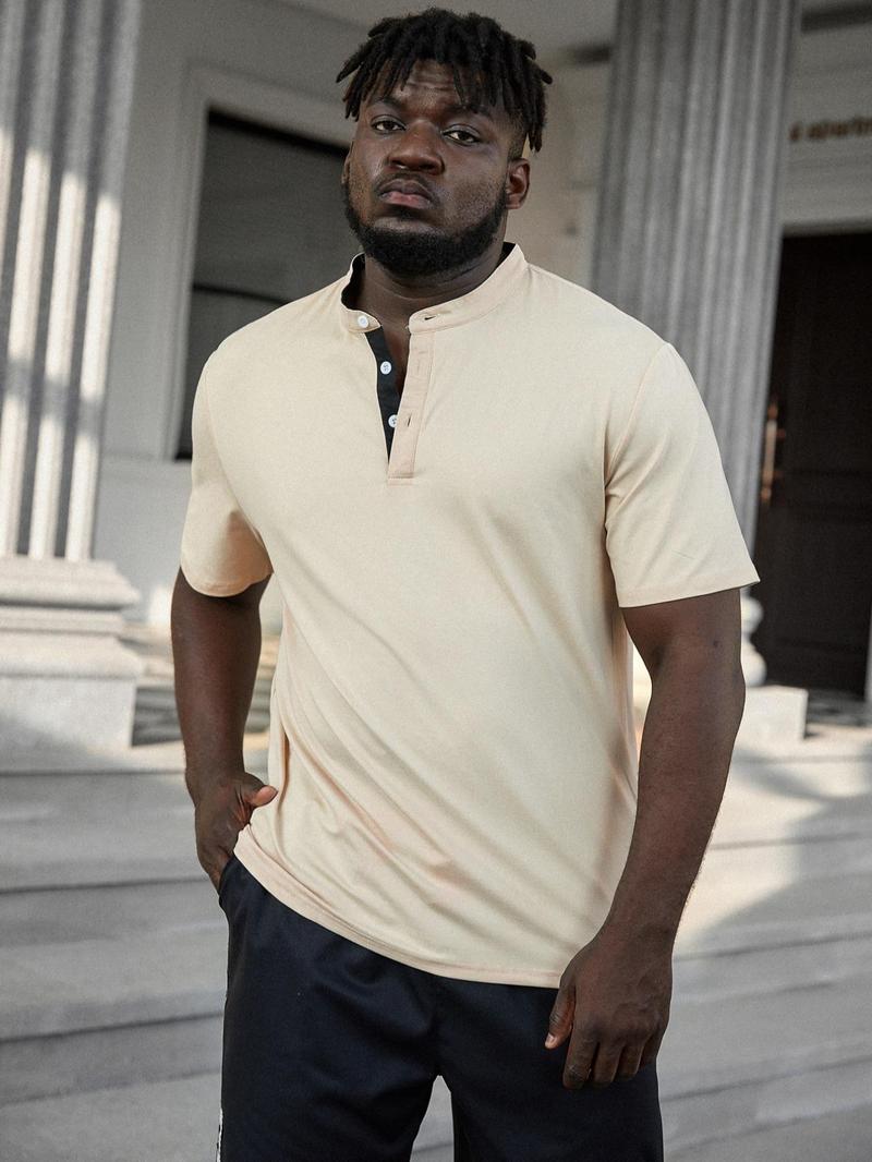 Product Introduction of Men's Plus Size Solid Half Button Mock Neck Polo Shirt, Summer Clothes, Regular Fit Short Sleeve Button Front Top for Daily Outdoor Wear, Fashion Casual Men Plus Size Clothing for Summer 6