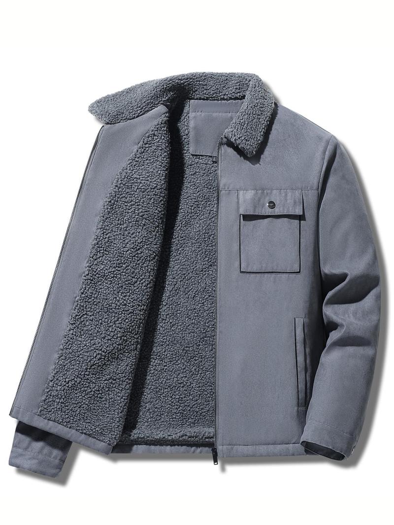 Product Introduction of Men's Regular Fit Solid Pocket Zipper Thermal Lined Jacket, Casual Long Sleeve Collared Outerwear for Fall & Winter, Men's Clothes for Daily Wear 7
