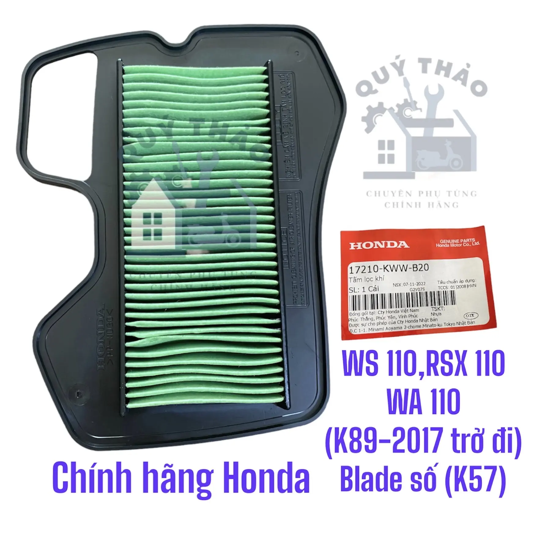 (Chính hãng) Lọc gió xe máy WS 110, Rsx 110 (không Fi), Wa 110 (K89), Blade số (K57) Honda Phụ Tùng