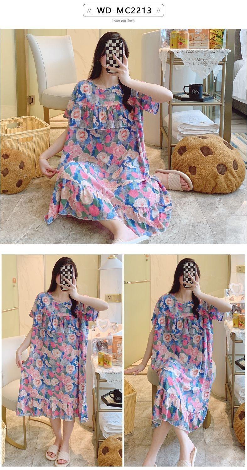 Product Introduction of Baju Tidur Lengan Pendek, Bahan Sutera Kapas Manis Musim Panas, Rekaan Bunga Nipis di Atas Lutut, Bahan Kapas Tiruan, Sesuai untuk Wanita Hamil, Boleh Dipakai Di Luar, Penutup Puting, Ketibaan Baru 27