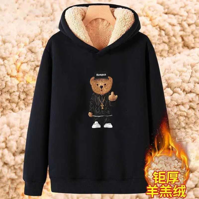 Áo len nam có mũ lông cừu dày lót lông cừu Áo khoác rộng ngoại cỡ mùa đông Áo chui đầu mùa hè 12