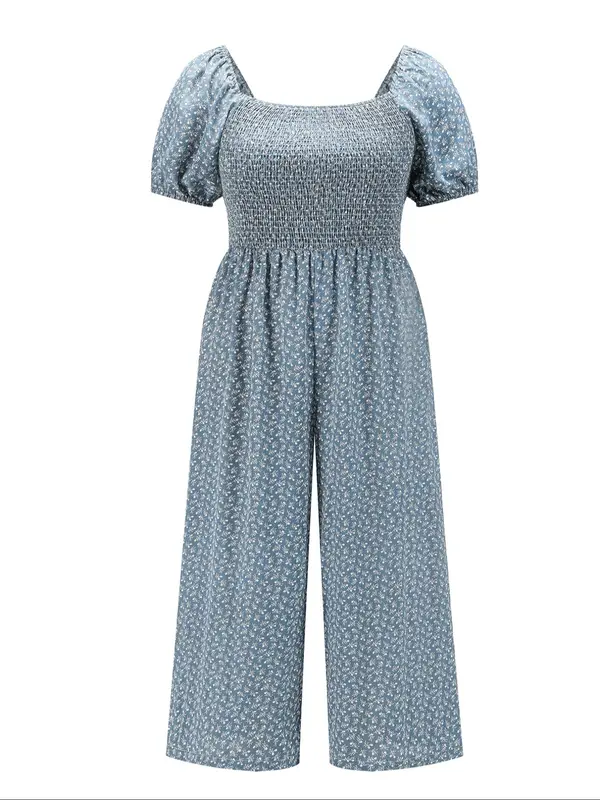 [Plus Size] Ditsy Floral Print Shirred Jumpsuit, Jumpsuits for Women, Boho Fashion Puff Sleeve Square Neck Jumpsuit for Daily Vacation Wear, Women Plus Clothing Overalls for Summer 5
