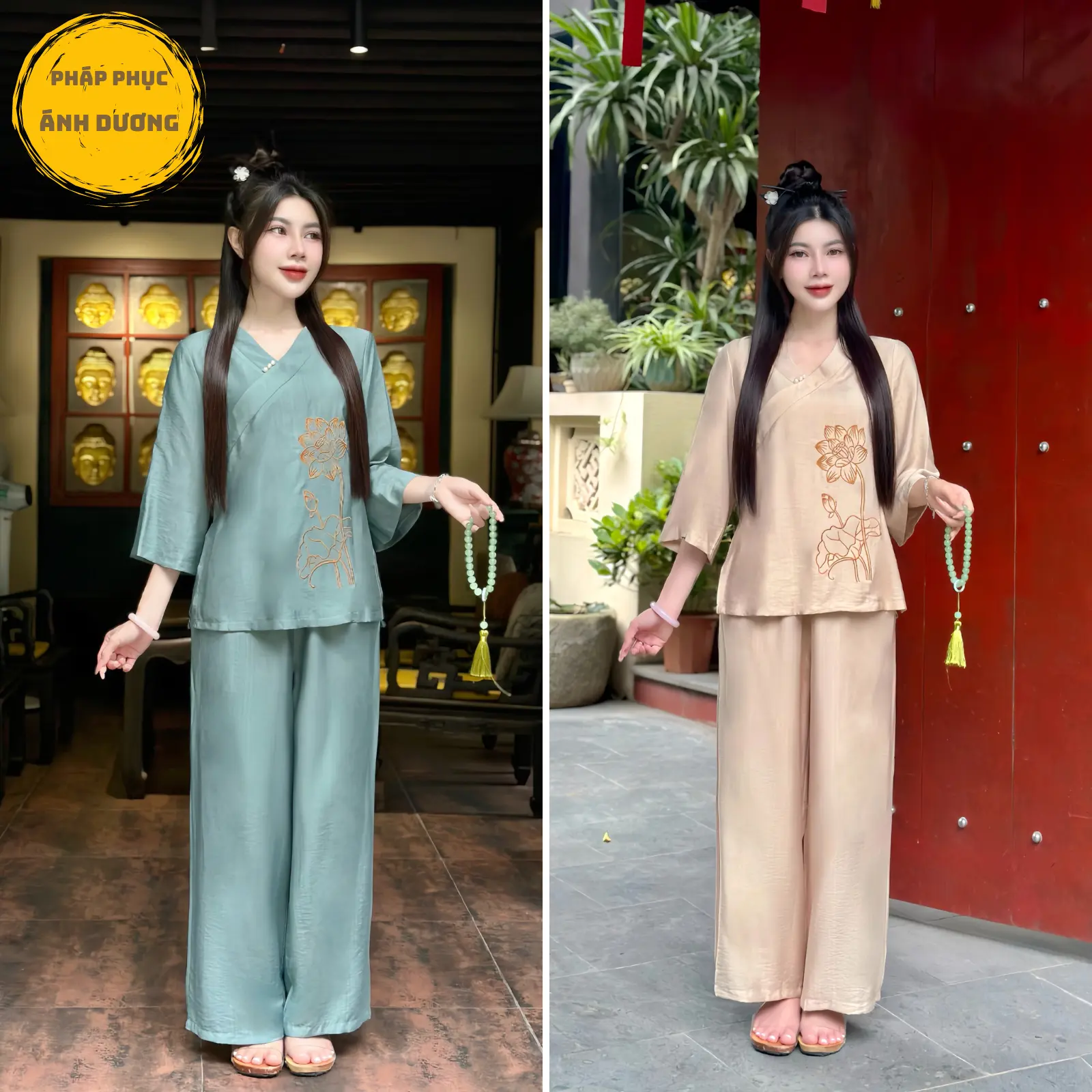 Pháp phục đi chùa nữ Đũi lụa Áo thêu sen màu xanh hồng be, Mã P54