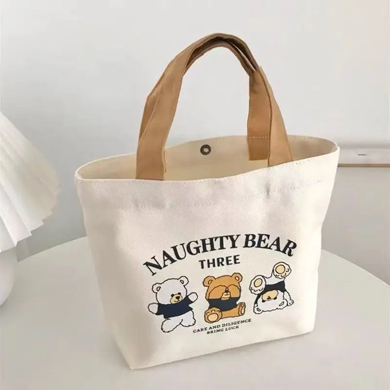 New Bear Canvas Bag for Female Students Portable Work Handheld Lunch Bag Tote Canvas Bag Gift Bag
