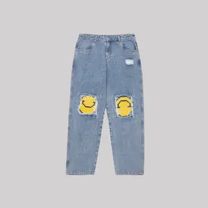 Smile Jeans Vol 2 - Celana Jeans Pria Oversize Gaya Korea dengan Kancing dan Sleting Motif Smile di Lutut Bahan Nyaman dan Tebal