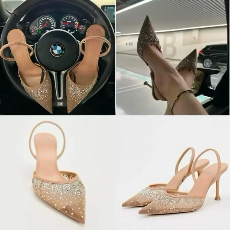 Giày cao gót Z màu nâu mũi nhọn đính đá lấp lánh gót nhọn cao 7cm phong cách tiểu thư Pháp phù hợp đi tiệc Fullbox #8387
