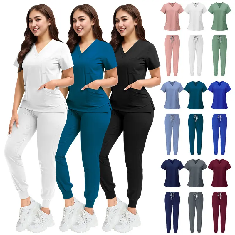 Newest Unisex Scrub Suit Womens Mens V-neck Short Sleeves Pocket T-Shirt Top + Elastic Drawstring Jogging Pants Nurse Doctor Workwear Uniform Medical Surgical Scrub Set