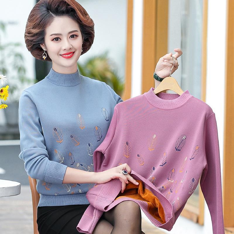 Mom-Áo Len Nhung Dày Cho Phụ Nữ Trung Niên, Quần Áo Lót Lông Cừu, Áo Lớp Cơ Bản Thời Trang Cho Người Trung Niên Và Người Già, Áo Len Giữ Nhiệt Top Women