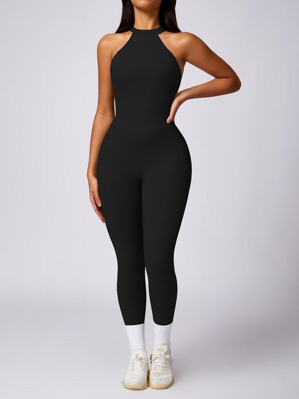 Women's Solid Ruched Cut Out Backless Halter Sports Jumpsuit, Jumpsuit for Women, High Stretch Seamless Quick Drying Breathable Comfortable Sports Jumpsuit for Yoga Gym Workout, Ladies Sportswear for All Seasons, Tummy Control 5