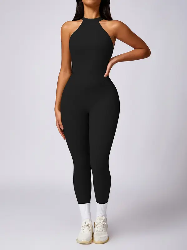Women's Solid Ruched Cut Out Backless Halter Sports Jumpsuit, Jumpsuit for Women, High Stretch Seamless Quick Drying Breathable Comfortable Sports Jumpsuit for Yoga Gym Workout, Ladies Sportswear for All Seasons, Tummy Control,  Gym Wear 8