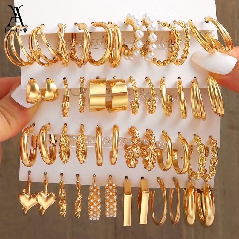 Bộ khuyên tai AY dáng tròn đính ngọc trai và bướm màu vàng/ bạc phong cách cổ điển thời trang cho nữ Titan Cao Su