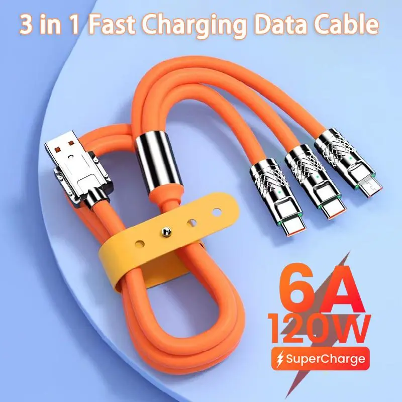 3 in 1 Cable 6A 120W USB Fast Charger Cable For 8-Pin Micro USB Type C Charging Cable For All Type Of Android Phone Accessories Kabel
