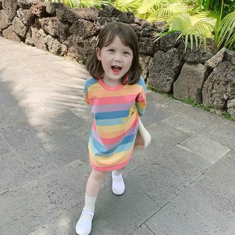 Váy Áo Thun Bông Sọc Cầu Vồng, Cho Bé Gái, Hàng Mới Về Mùa Hè 2022, Váy Hoạt Hình Cho Bé, Váy ngắn Tay Cho Trẻ Em 5