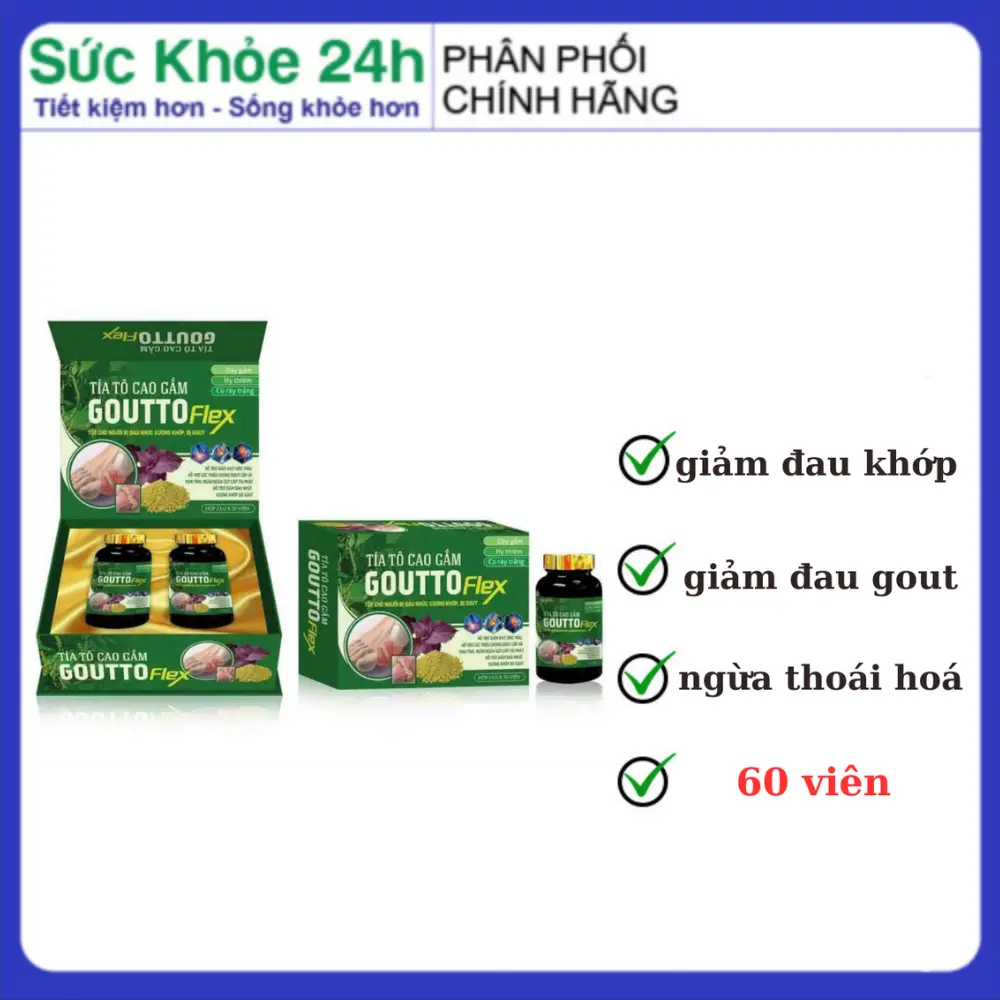 Viên uống Tía Tô Cao Gắm Goutto Flex giúp giảm đau nhức gout hộp 2 lọ x 30 viên GIAO MẪU NGẪU NHIÊN