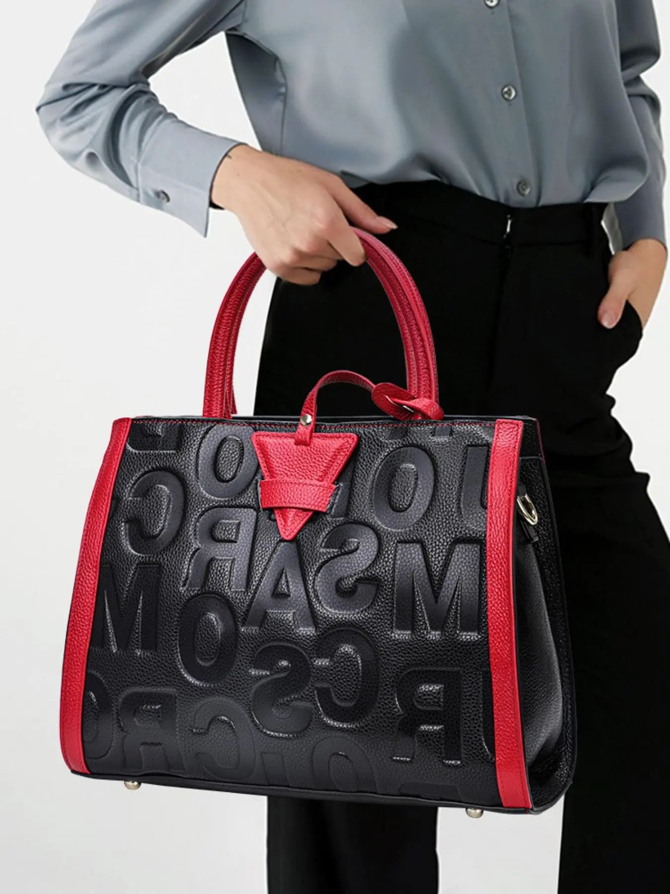 Genuine Leather Business Fashion Cowhide Letters Embossed Handbag, Elegant Plain Color Large Capacity Handbag for Women & Girls, Casual Trendy Versatile Commuting Bag