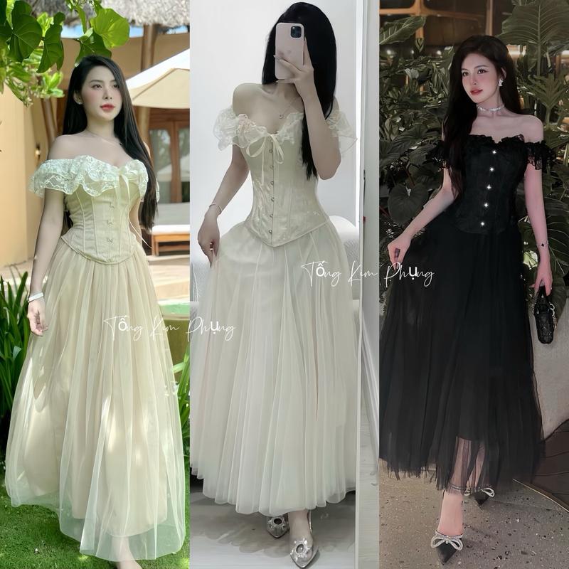 Sét áo CORSET ren trễ vai khuy cài nơ+chân váy maxxi lưới siêu sang chảnh có gọg định hình .