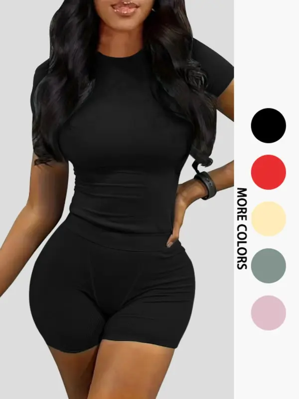 Women's Solid Ribbed Top & Skinny Shorts Set, Casual Comfy Round Neck Tee & Shorts For Yoga Gym Workout, Summer Clothes, Co ord Set Summer, Ladies Summer Clothing 3