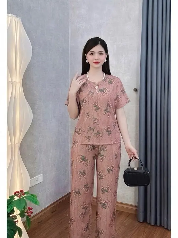 Đồ bộ trung niên B12  Loudra shop Đồ bộ cho mẹ, bà quần dài áo cộc chất lụa MANGO mềm mịn thoáng mát, thấm hút mồ hôi Top Polo Có Cổ Xanh