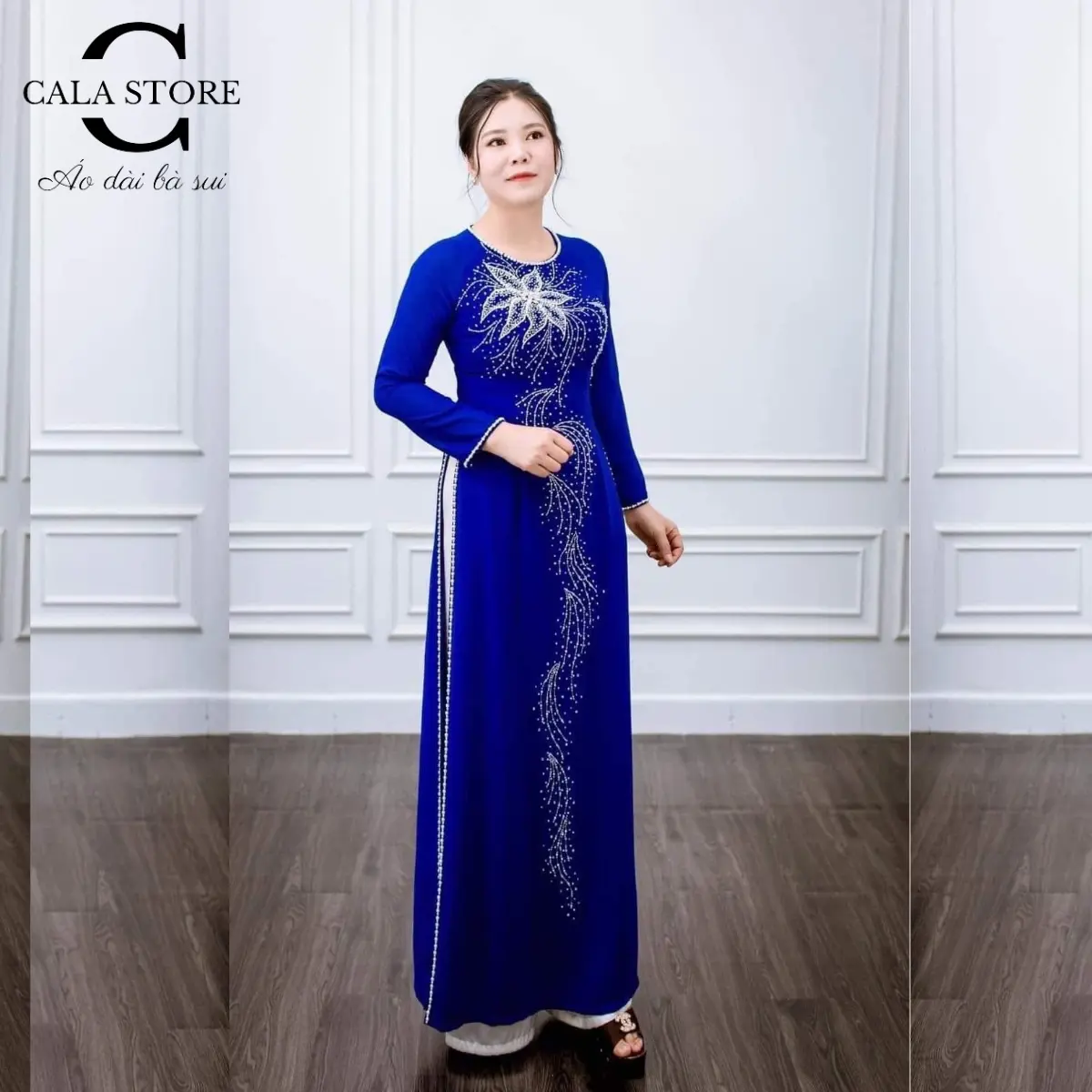 Bộ áo dài cho mẹ trung niên cao cấp ADM47 màu xanh coban/đỏ size M-L-XL-2XL-3XL-4Xl-5XL