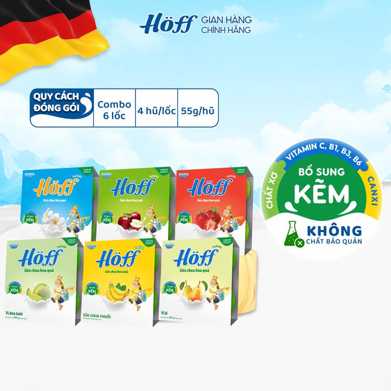 Sữa chua cho bé ăn dặm combo mix 6 vị Hoff bổ sung dinh dưỡng canxi kẽm vitamin B1 B2 B3 B6 chất xơ, Men vi sinh hỗ trợ hệ tiêu hóa 6 lốc (24 hộp x 55g)