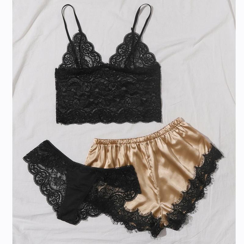 Product Introduction of Popular Three-Piece Lace Sexy Pajamas European and American Adult Sexy Lingerie See-through Dress Foreign Trade Ladies Slip Nightdress 4