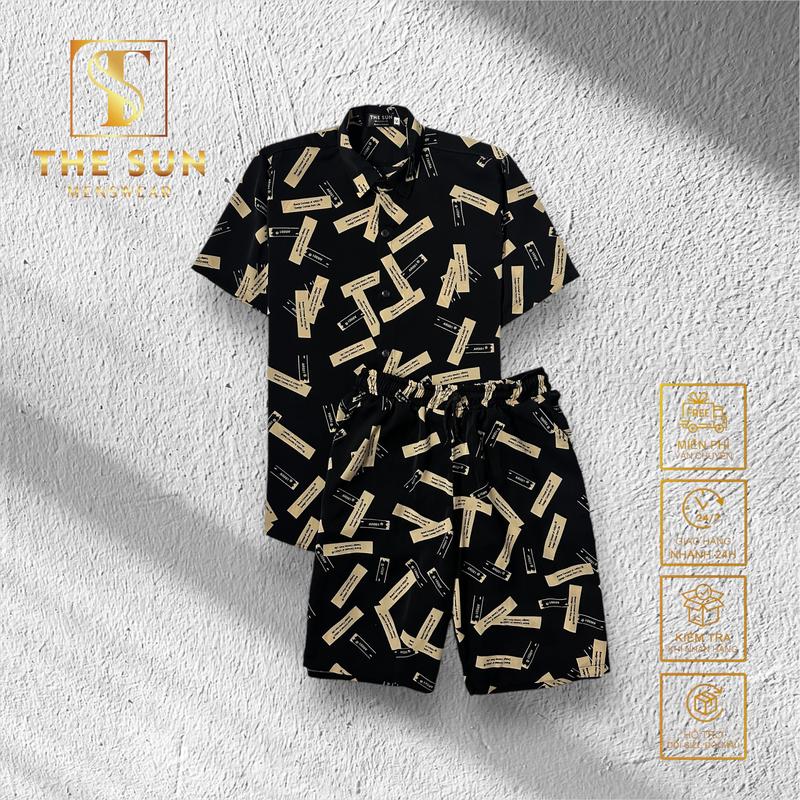 Bộ Quần Áo Lụa Họa Tiết Tag - Bộ Sơ Mi Lụa TS88, TS89, TS91 - Size 50-100kg - Vải Lụa Thoáng Mát, Chống Nhăn, Chống Nhàu Tốt - The Sun Menswear