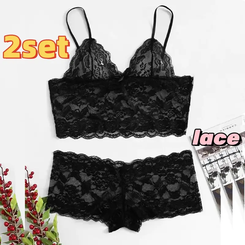 Bộ Đồ Lót Ren, 2 Món, Dành Cho Nữ, Thiết Kế khoét Chữ V Sâu, Cạp Thấp, Quần Lót Thoáng Khí, Không Dây, Đồ Lót, Có Các Cỡ S-3XL 0