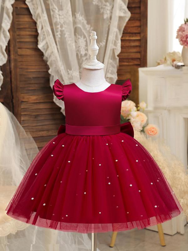 Girl's Faux Pearls Decor Big Bow Round Neck Dress, Elegant Sleeveless Contrast Mesh Dress for Party Wedding Guest, Kids Summer Clothes 2