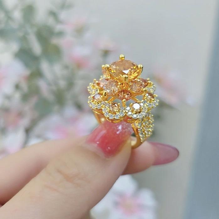  Nhẫn Nữ Đá Trà Form To 3 Tầng Titan Cao Cấp Sang Trọng Xi Vàng Bền Màu Không Gỉ Hot 