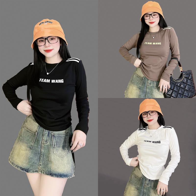 Áo Thun Nữ Ôm Dáng Tay Dài [Mã B31] 35~55kg, Form Ôm Gọn Tôn Dáng, Chất Thun Cotton Mềm [Team Wang] Top Cổ Tròn Women Màu Đen