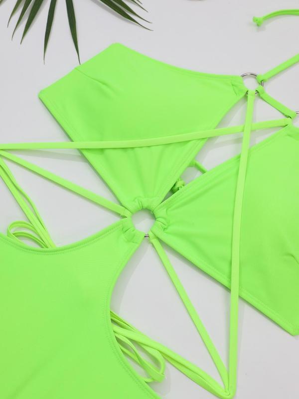 Plus Size Plain Halter Neck One-piece Swimsuit, Casual Cut Out O-ring Detail One-piece Swimwear for Summer, Ladies Summer Swimsuit 3