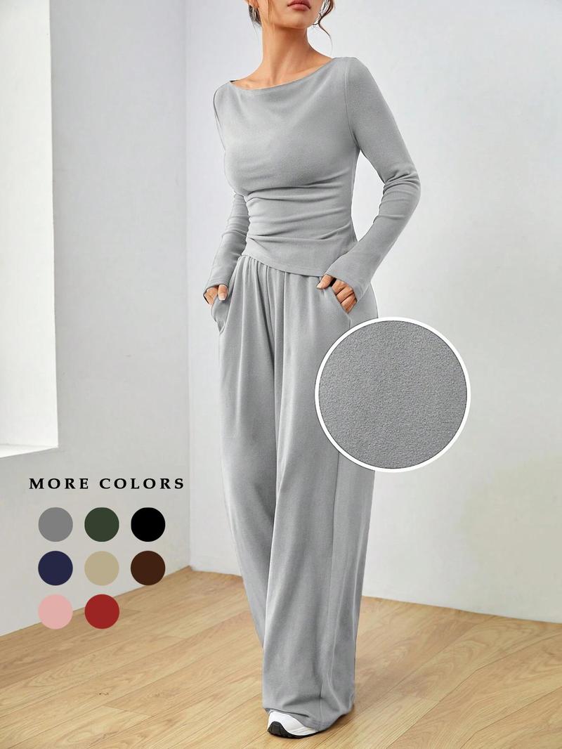Product Introduction of Women's Solid Ruched Asymmetrical Hem Tee & Pants Set, Casual Boat Neck Long Sleeve Top & Trousers, Women's Spring & Fall Clothes 5