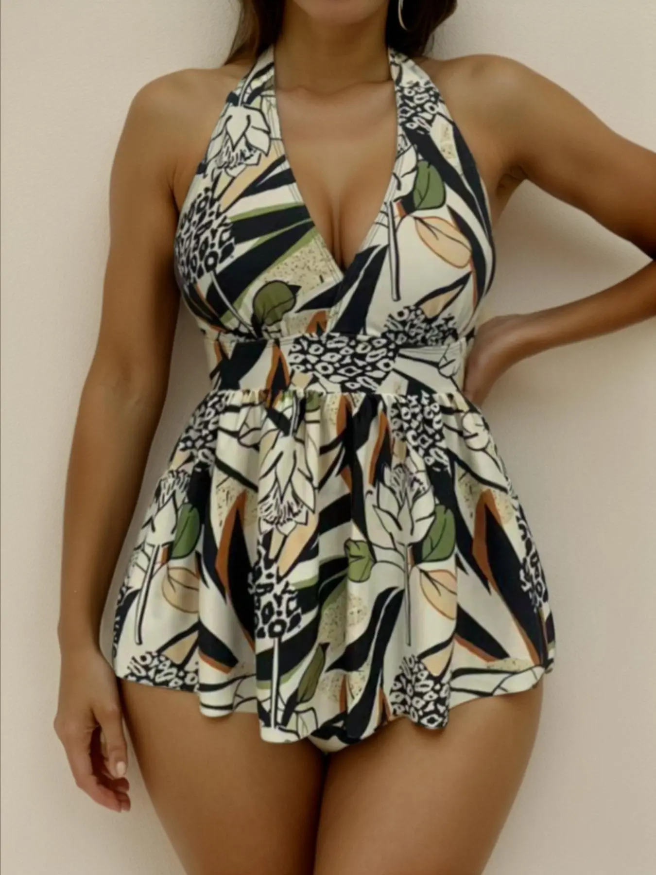 Women's All Over Leaf Print Lace Up Tankini Set, Deep V Neck Sleeveless Swim Top & High Waist Swim Skirt, Ladies Swimsuit for Beach Holiday Vacation